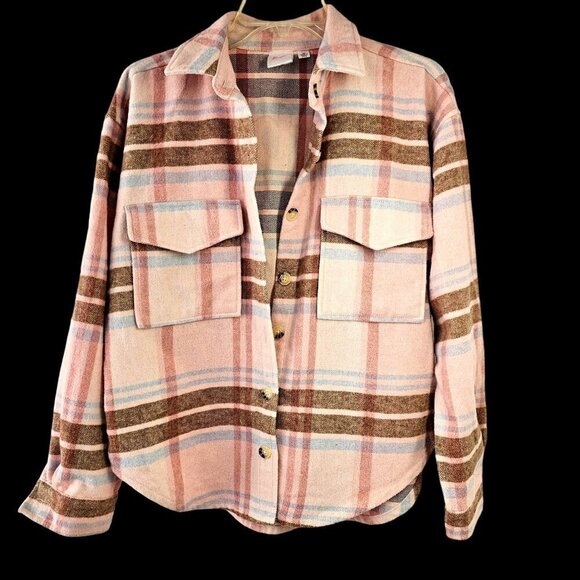 Mad Engine Pink Plaid Barbie Flannel Shirt Womens S/M Button Up Long Slv Pockets - Picture 1 of 9